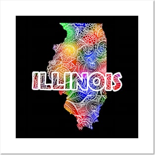 Colorful mandala art map of Illinois with text in multicolor pattern Posters and Art